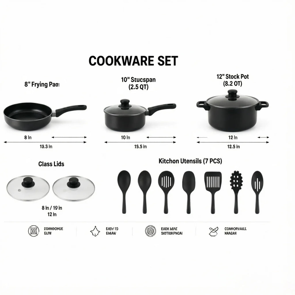 Nonstick Cookware Set,  with Lids, and Utensils