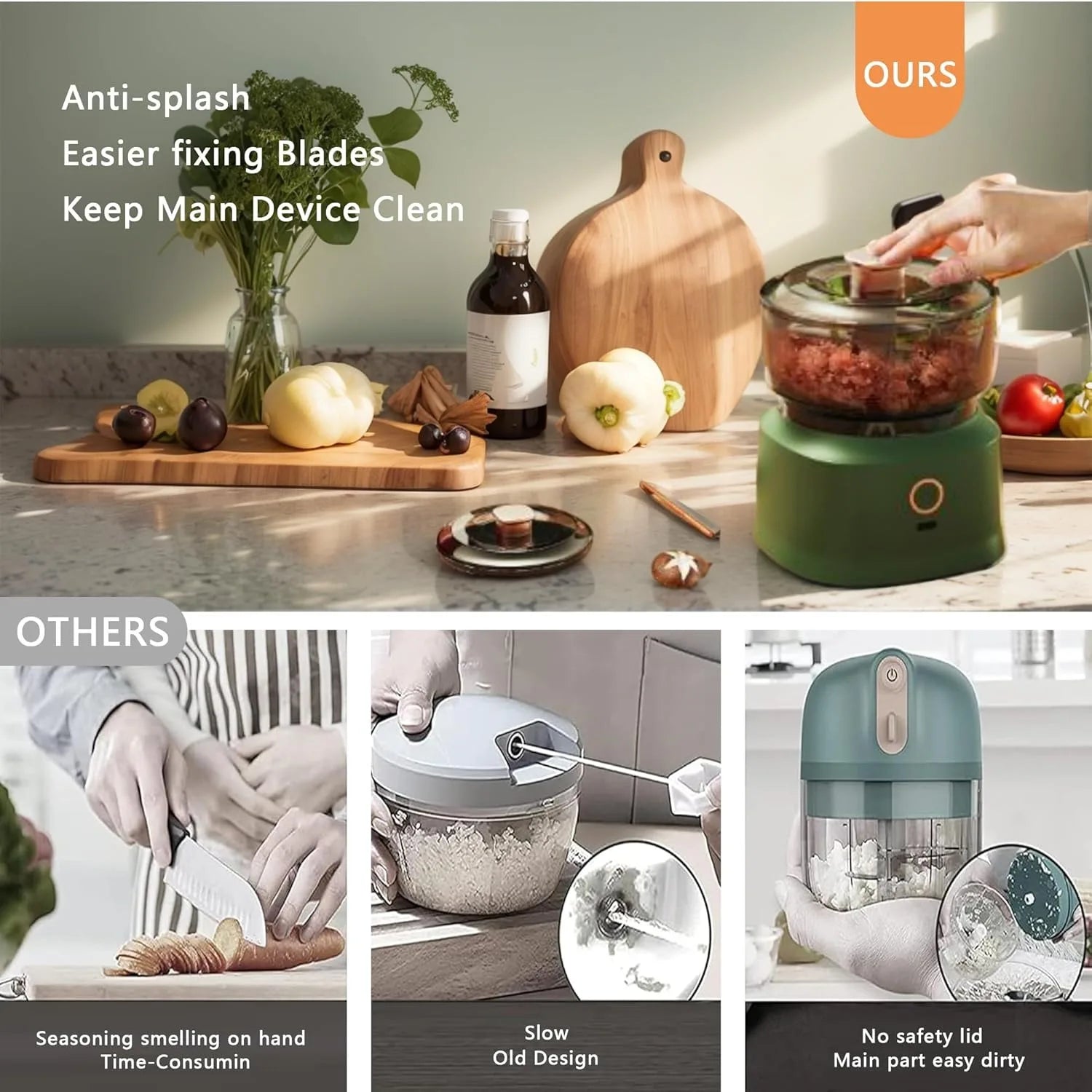 Electric Mini Food Chopper USB Rechargeable Garlic Onion Meat Grinder 350ML Portable