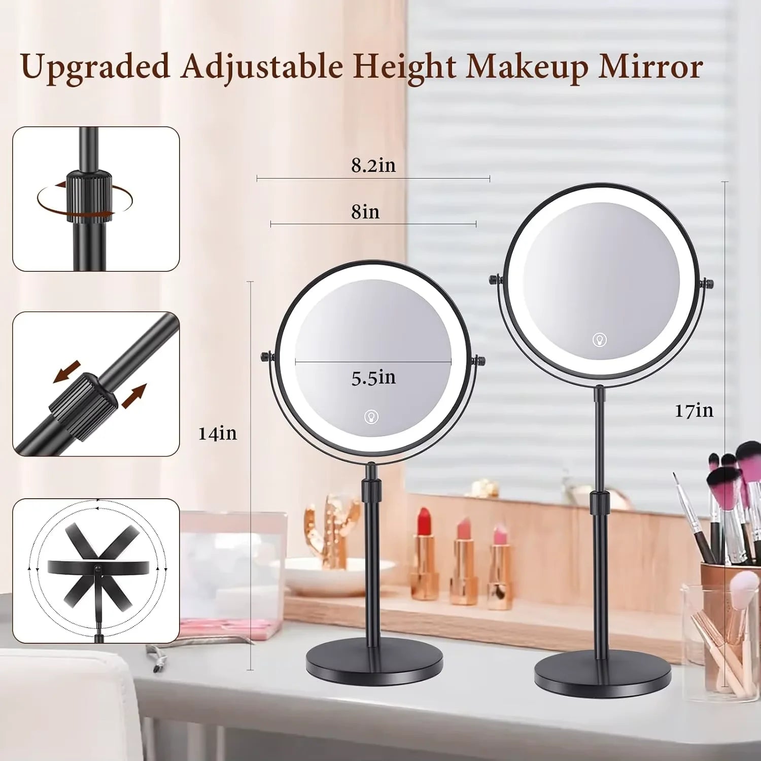 Lighted Makeup tabletop  vanity Mirror ,1x/10xTrue HD Magnifying  Touch Control, 360°Rechargeable