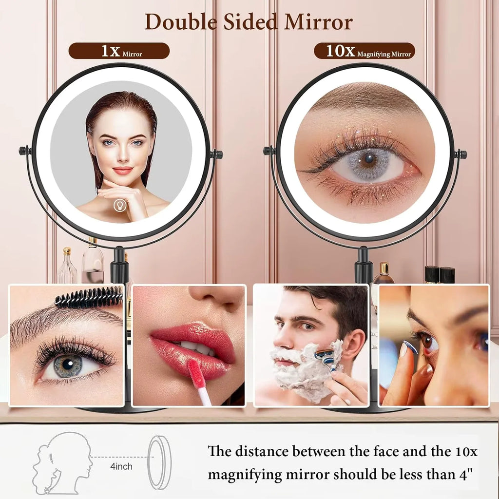 Lighted Makeup tabletop  vanity Mirror ,1x/10xTrue HD Magnifying  Touch Control, 360°Rechargeable