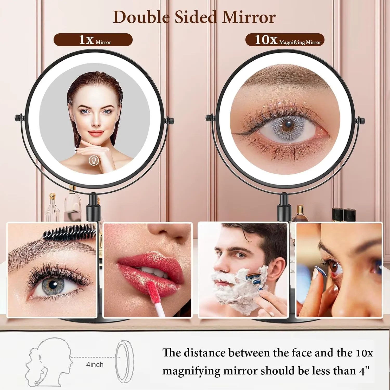 Lighted Makeup tabletop  vanity Mirror ,1x/10xTrue HD Magnifying  Touch Control, 360°Rechargeable