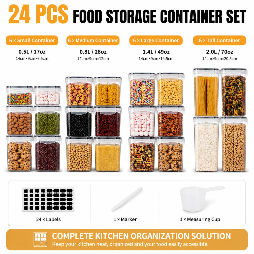 24PCS Food Storage Container Set, BPA Free Plastic Canisters with Airtight Sealed Lids, 4 Sizes Stackable  with Chalkboard Labels & Marker