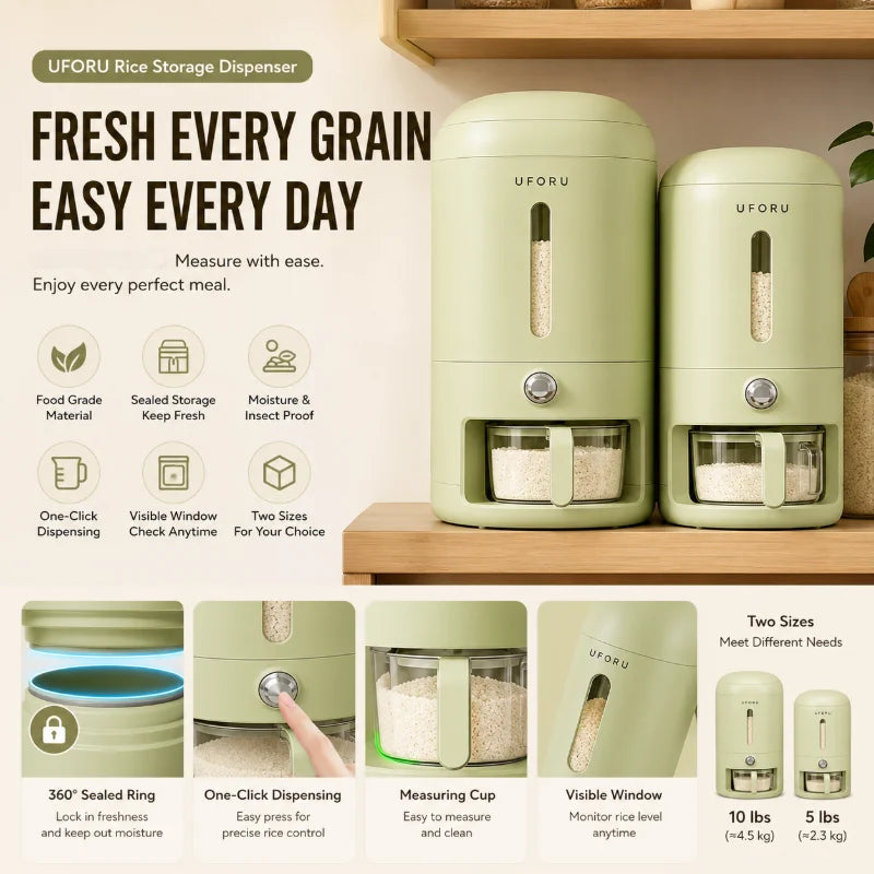 5/10 lb Sealed Rice & Grain Storage Bucket with One-Button Dispensing, Measuring cup, Transparent Window & Removable Lid