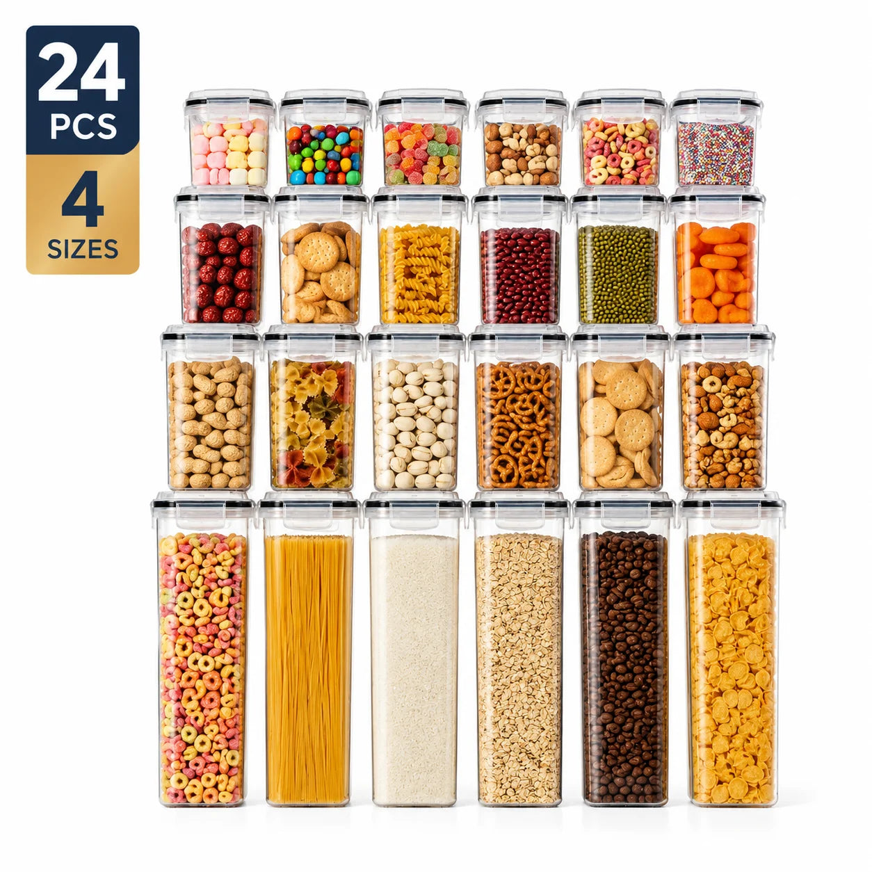 24PCS Airtight Food Storage Containers, 4 Sizes Kitchen Pantry Storage Jars with Lids for Dry Food,