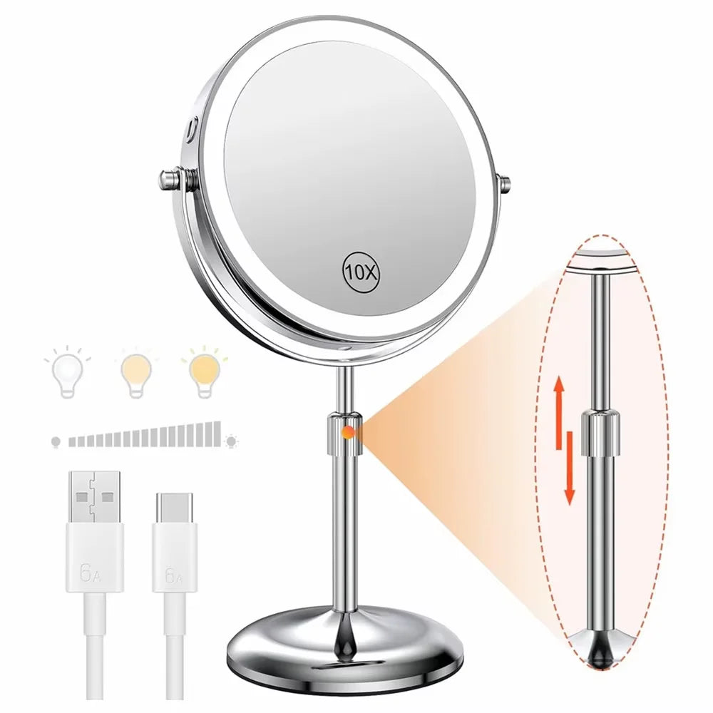 Lighted Makeup tabletop  vanity Mirror ,1x/10xTrue HD Magnifying  Touch Control, 360°Rechargeable
