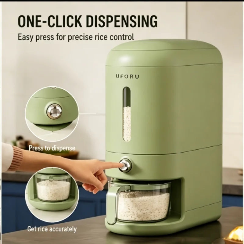 5/10 lb Sealed Rice & Grain Storage Bucket with One-Button Dispensing, Measuring cup, Transparent Window & Removable Lid