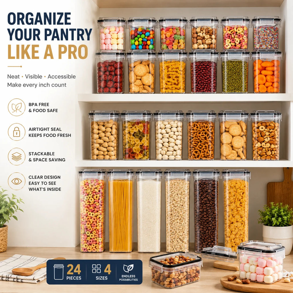 24PCS Airtight Food Storage Containers, 4 Sizes Kitchen Pantry Storage Jars with Lids for Dry Food,