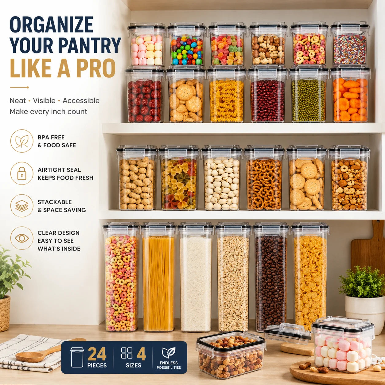 24PCS Airtight Food Storage Containers, 4 Sizes Kitchen Pantry Storage Jars with Lids for Dry Food,