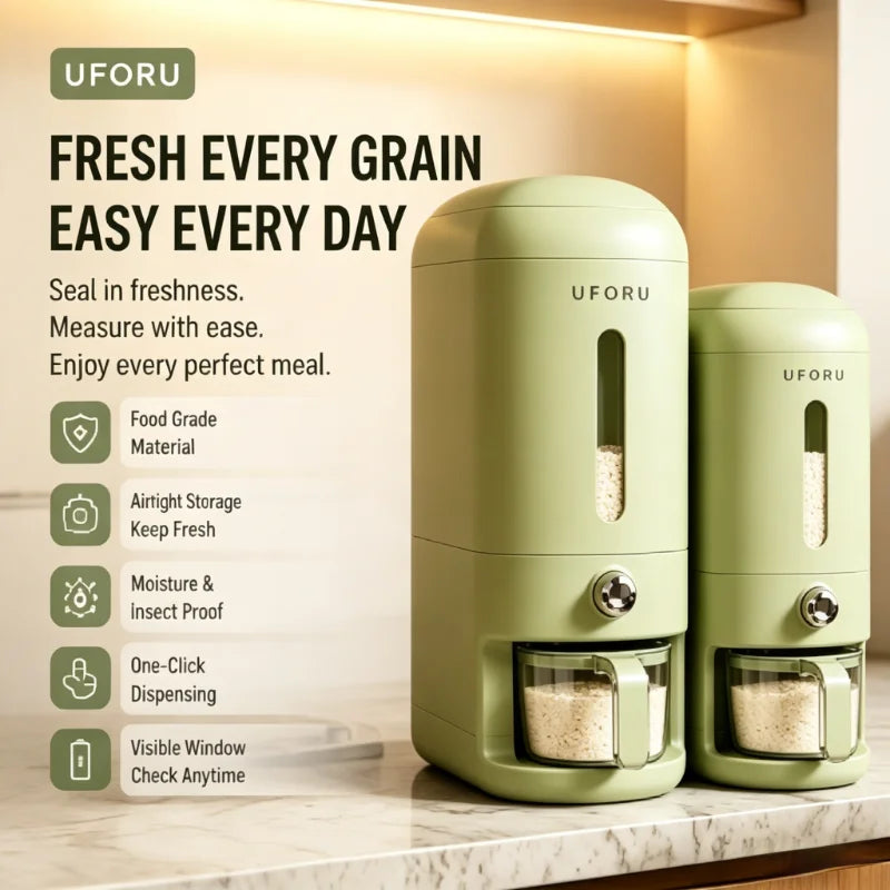 5/10 lb Sealed Rice & Grain Storage Bucket with One-Button Dispensing, Measuring cup, Transparent Window & Removable Lid