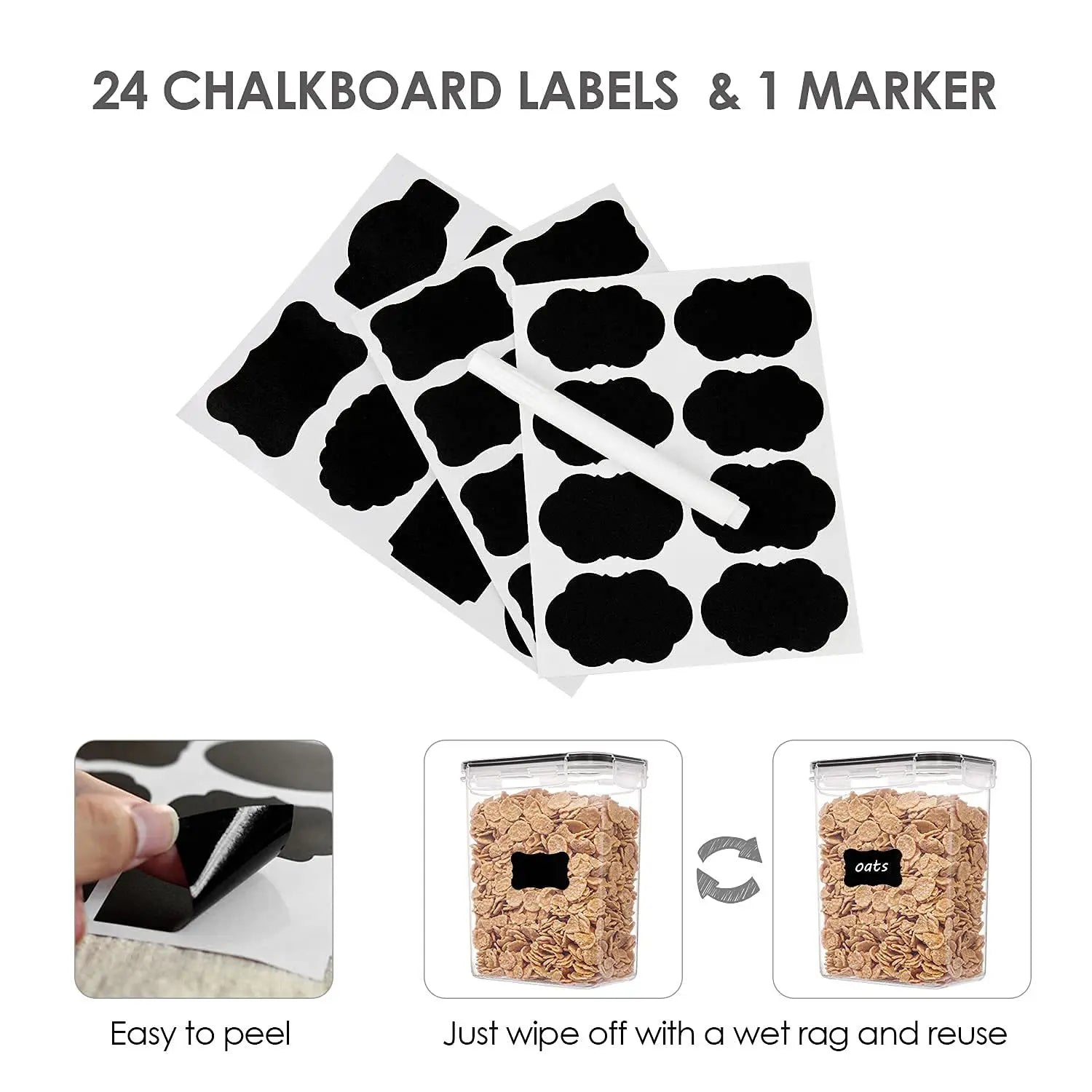 24PCS Food Storage Container Set, BPA Free Plastic Canisters with Airtight Sealed Lids, 4 Sizes Stackable  with Chalkboard Labels & Marker