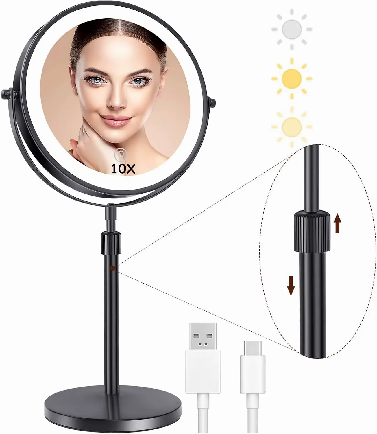 Lighted Makeup tabletop  vanity Mirror ,1x/10xTrue HD Magnifying  Touch Control, 360°Rechargeable