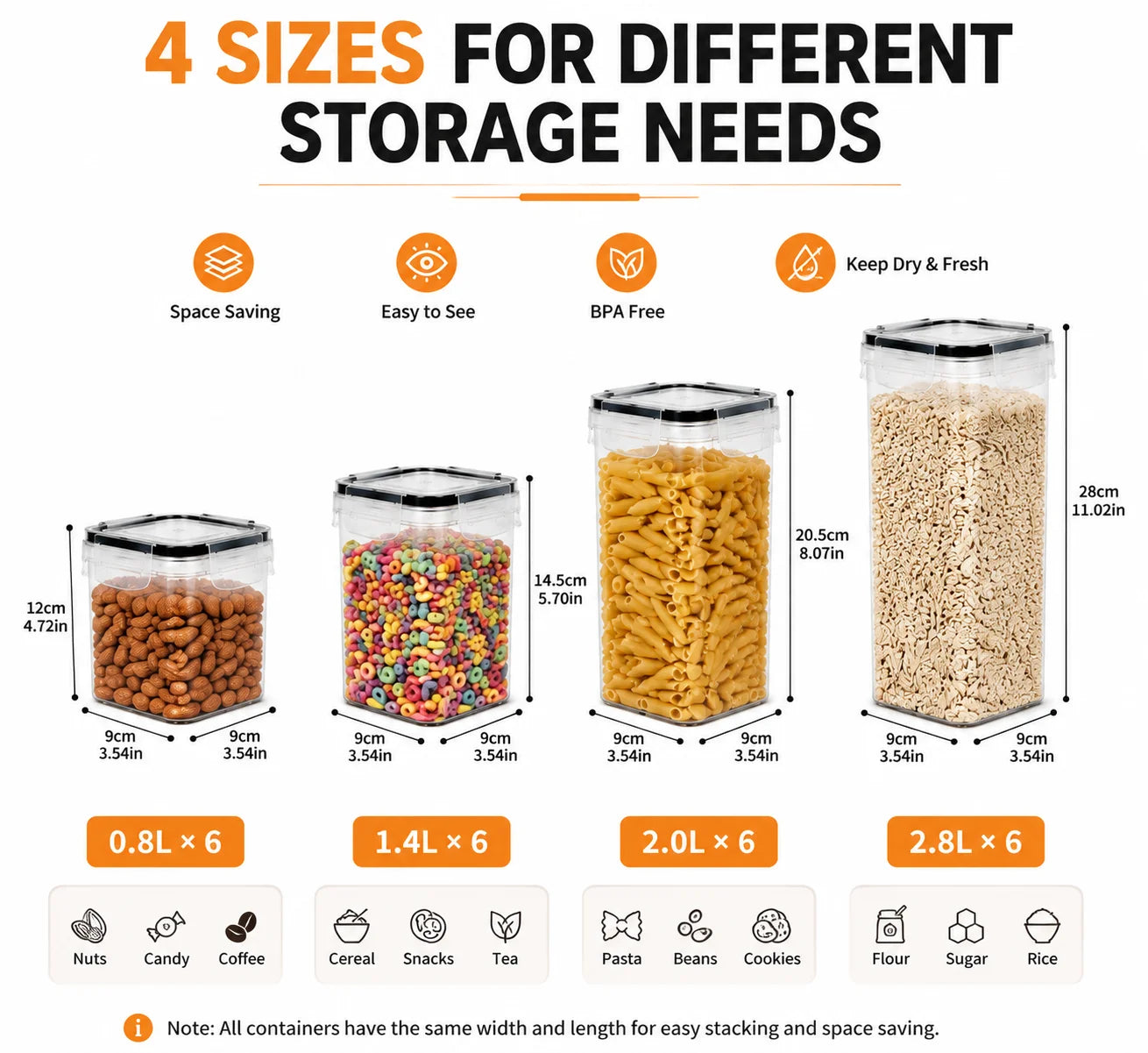24PCS Food Storage Container Set, BPA Free Plastic Canisters with Airtight Sealed Lids, 4 Sizes Stackable  with Chalkboard Labels & Marker