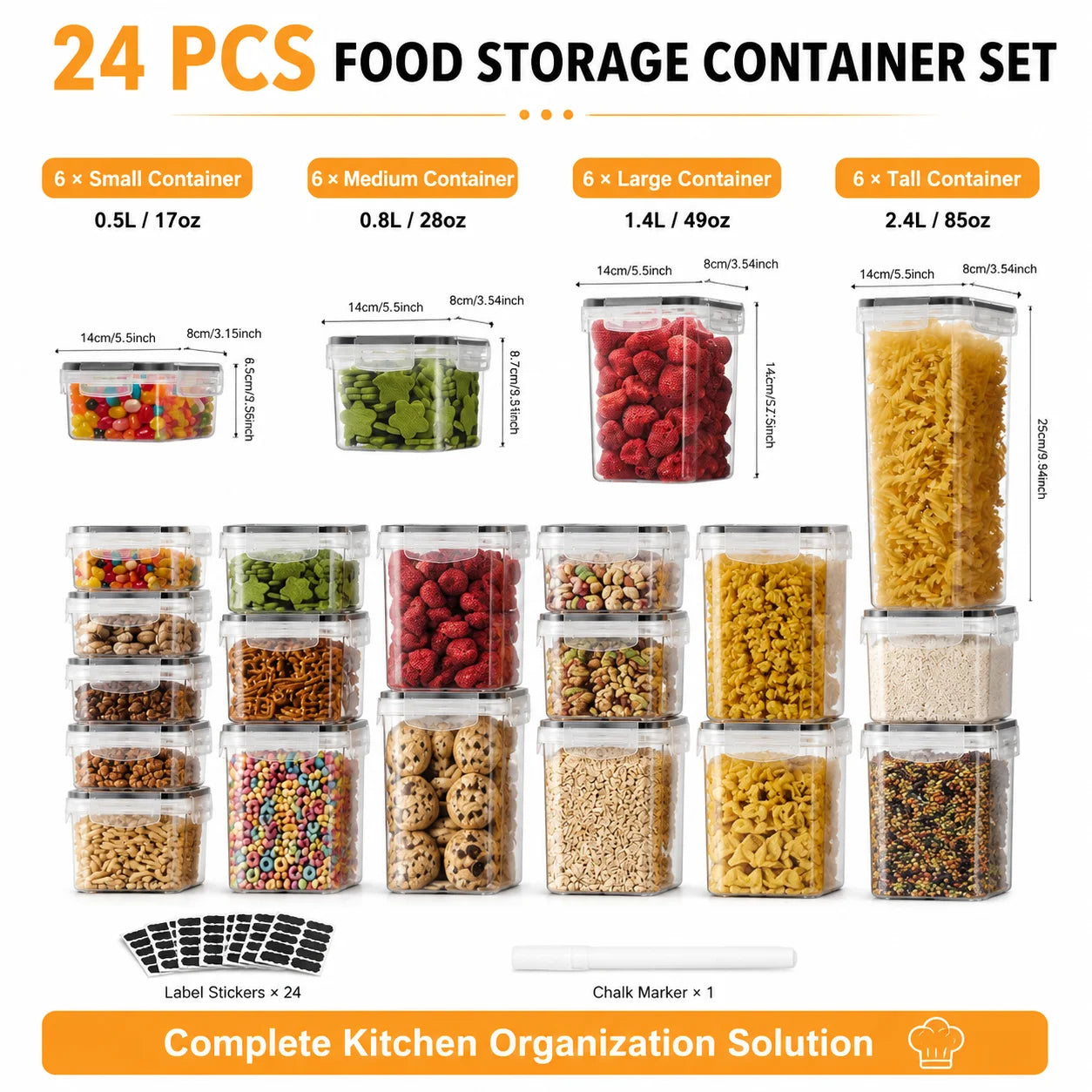 24PCS Food Storage Container Set, BPA Free Plastic Canisters with Airtight Sealed Lids, 4 Sizes Stackable  with Chalkboard Labels & Marker