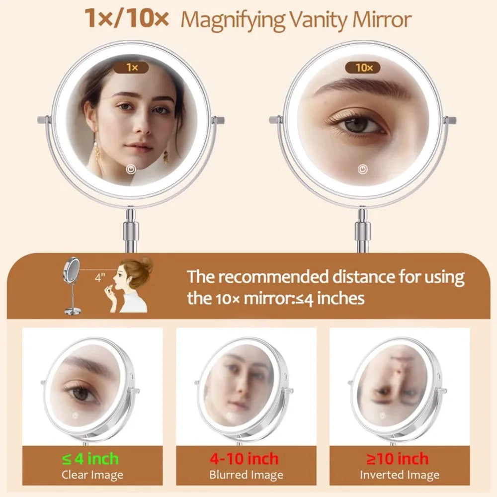 Lighted Makeup tabletop  vanity Mirror ,1x/10xTrue HD Magnifying  Touch Control, 360°Rechargeable
