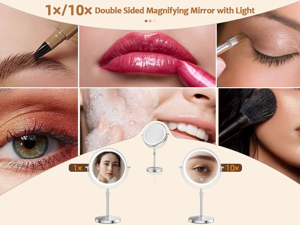 Lighted Makeup tabletop  vanity Mirror ,1x/10xTrue HD Magnifying  Touch Control, 360°Rechargeable