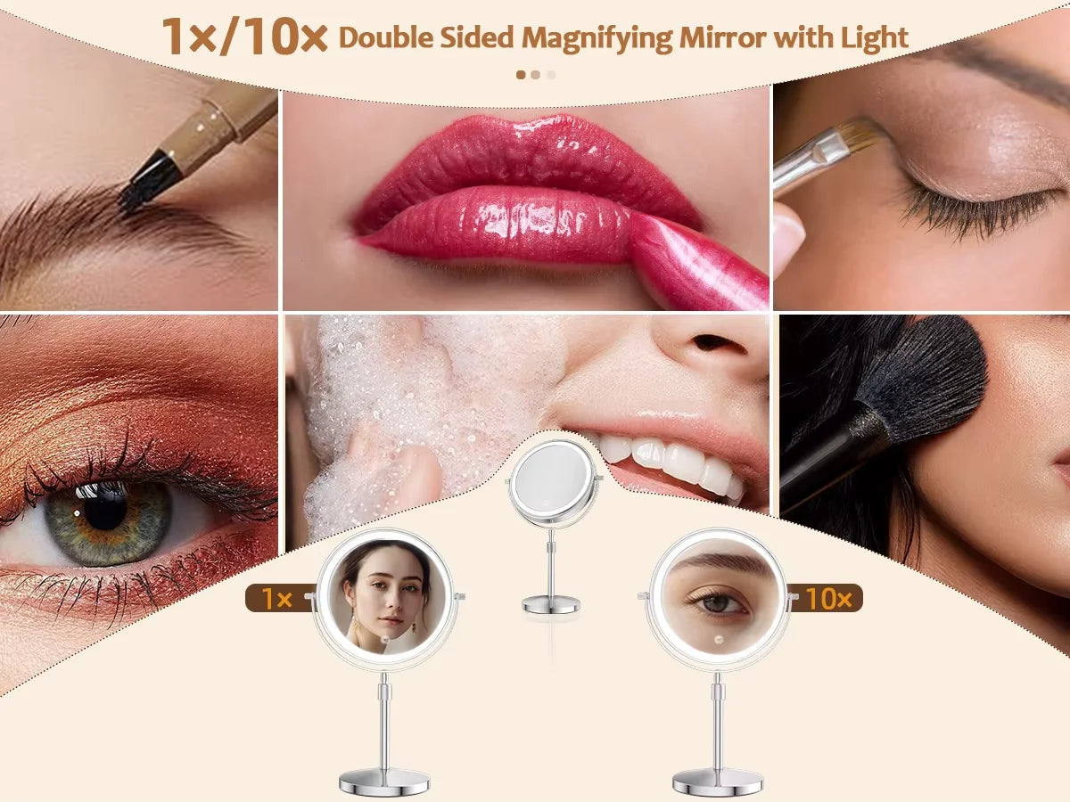 Lighted Makeup tabletop  vanity Mirror ,1x/10xTrue HD Magnifying  Touch Control, 360°Rechargeable