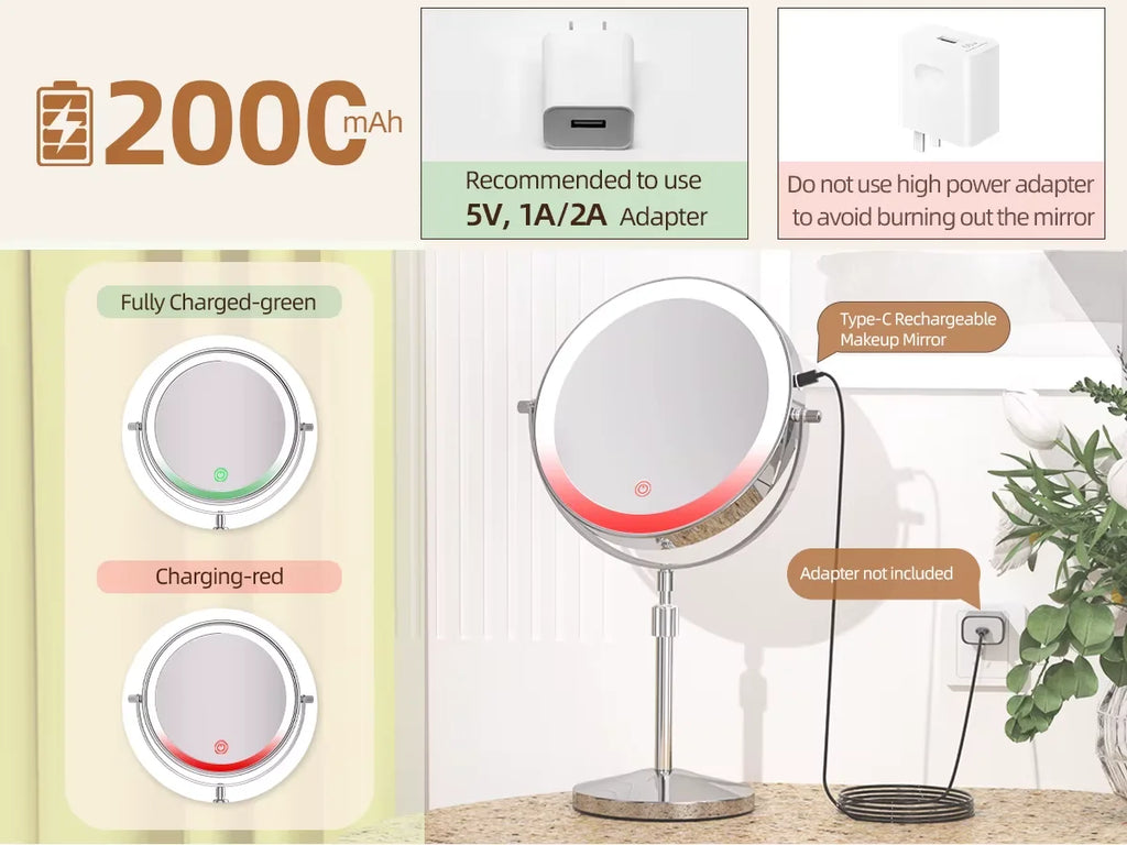Lighted Makeup tabletop  vanity Mirror ,1x/10xTrue HD Magnifying  Touch Control, 360°Rechargeable