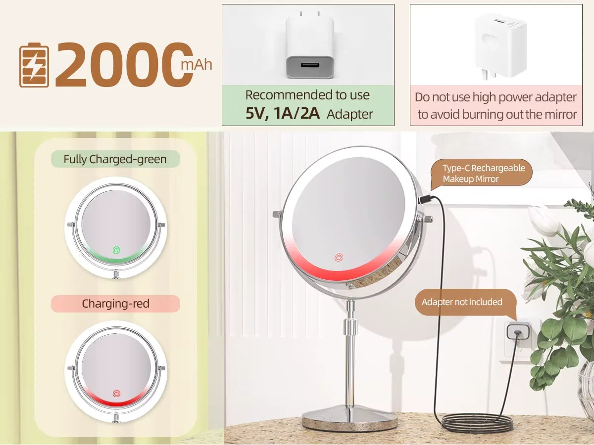 Lighted Makeup tabletop  vanity Mirror ,1x/10xTrue HD Magnifying  Touch Control, 360°Rechargeable