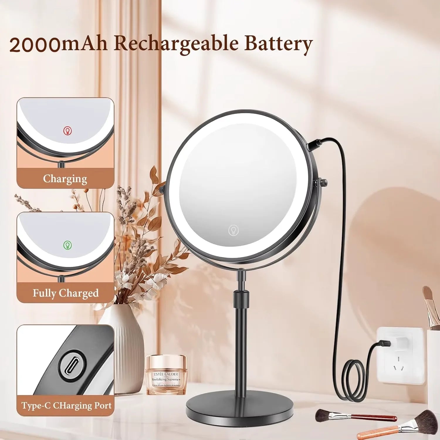 Lighted Makeup tabletop  vanity Mirror ,1x/10xTrue HD Magnifying  Touch Control, 360°Rechargeable