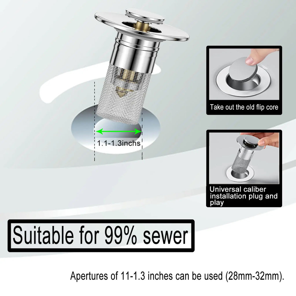 Pop-p Bathroom Sink Drain Stopper, Removeable Steel  Hair Catcher, Anti-Clog Strainer for Sink Replacement