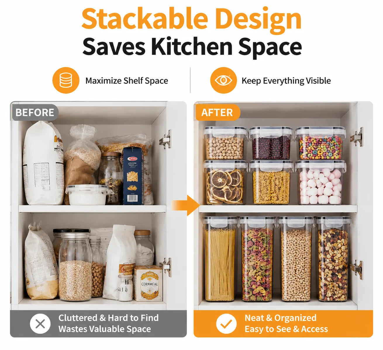 24PCS Food Storage Container Set, BPA Free Plastic Canisters with Airtight Sealed Lids, 4 Sizes Stackable  with Chalkboard Labels & Marker