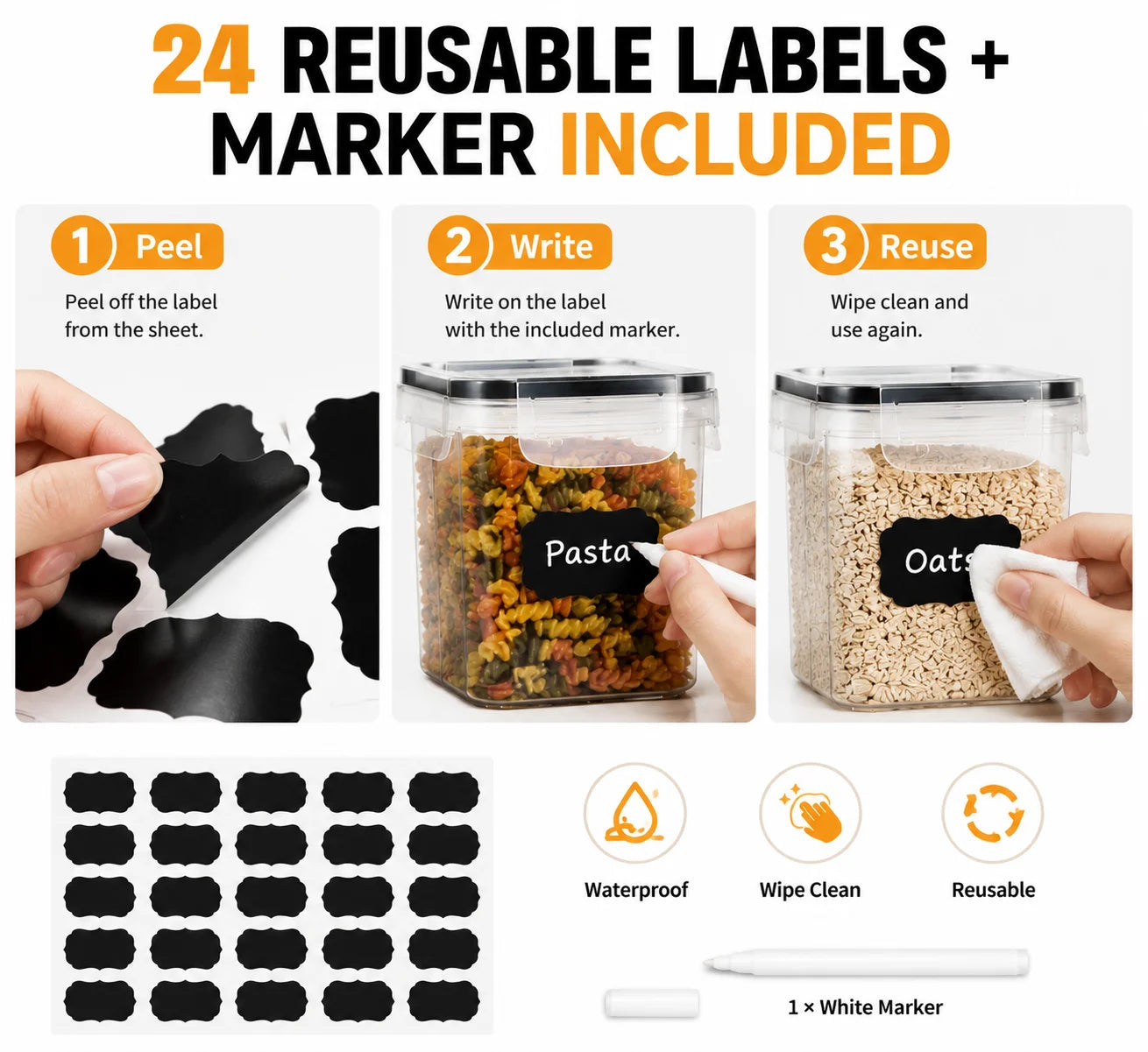 24PCS Food Storage Container Set, BPA Free Plastic Canisters with Airtight Sealed Lids, 4 Sizes Stackable  with Chalkboard Labels & Marker