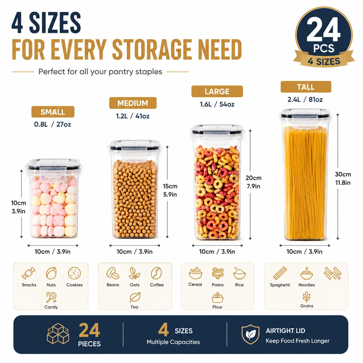 24PCS Airtight Food Storage Containers, 4 Sizes Kitchen Pantry Storage Jars with Lids for Dry Food,