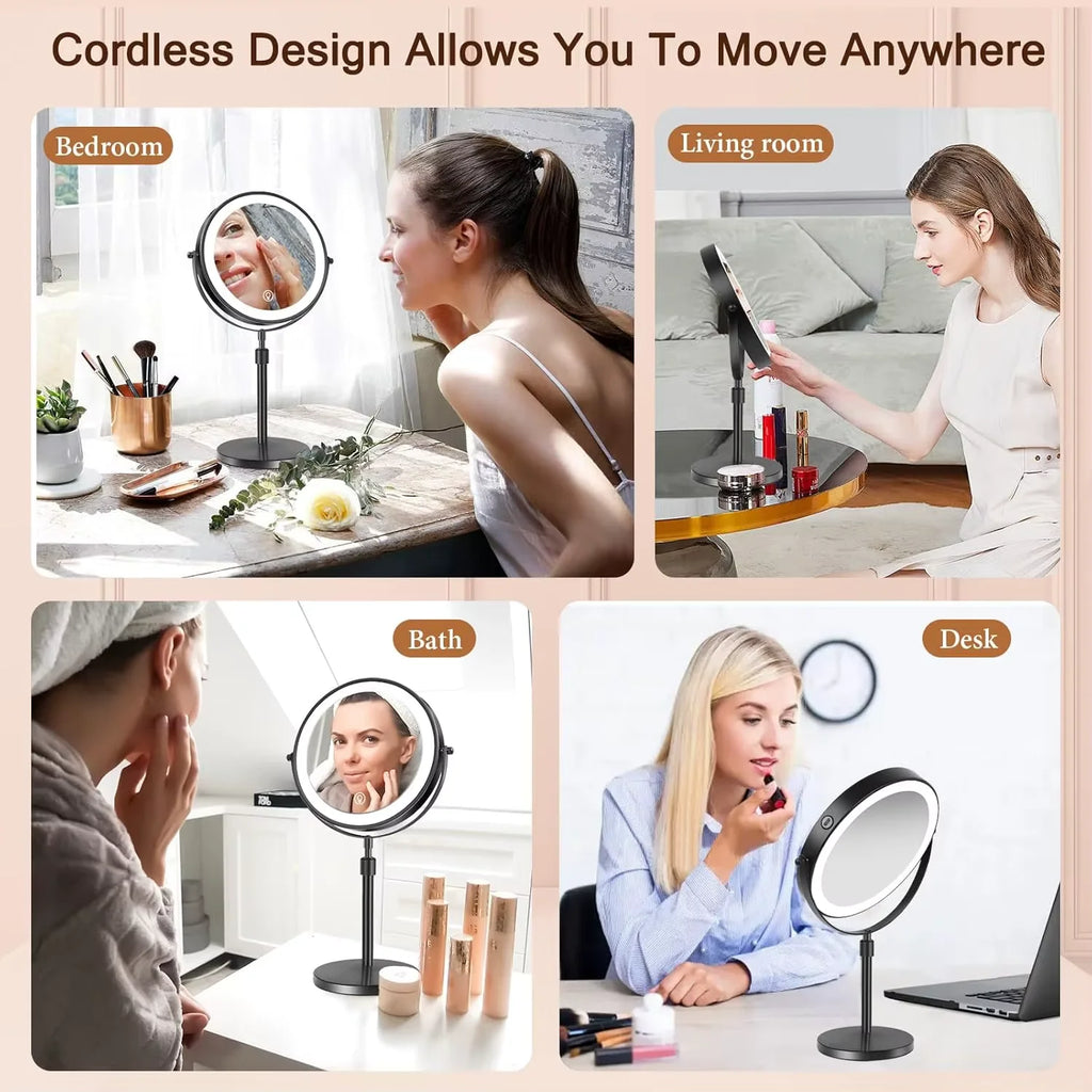 Lighted Makeup tabletop  vanity Mirror ,1x/10xTrue HD Magnifying  Touch Control, 360°Rechargeable