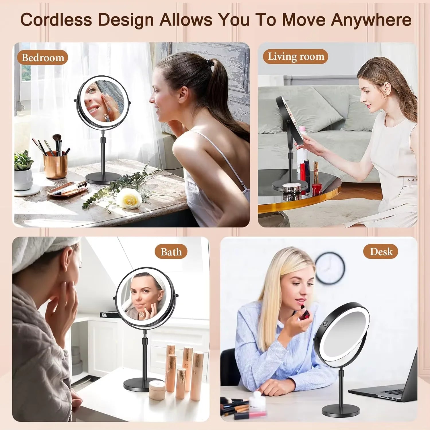 Lighted Makeup tabletop  vanity Mirror ,1x/10xTrue HD Magnifying  Touch Control, 360°Rechargeable