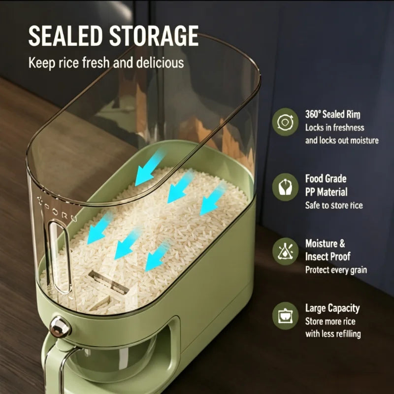 5/10 lb Sealed Rice & Grain Storage Bucket with One-Button Dispensing, Measuring cup, Transparent Window & Removable Lid