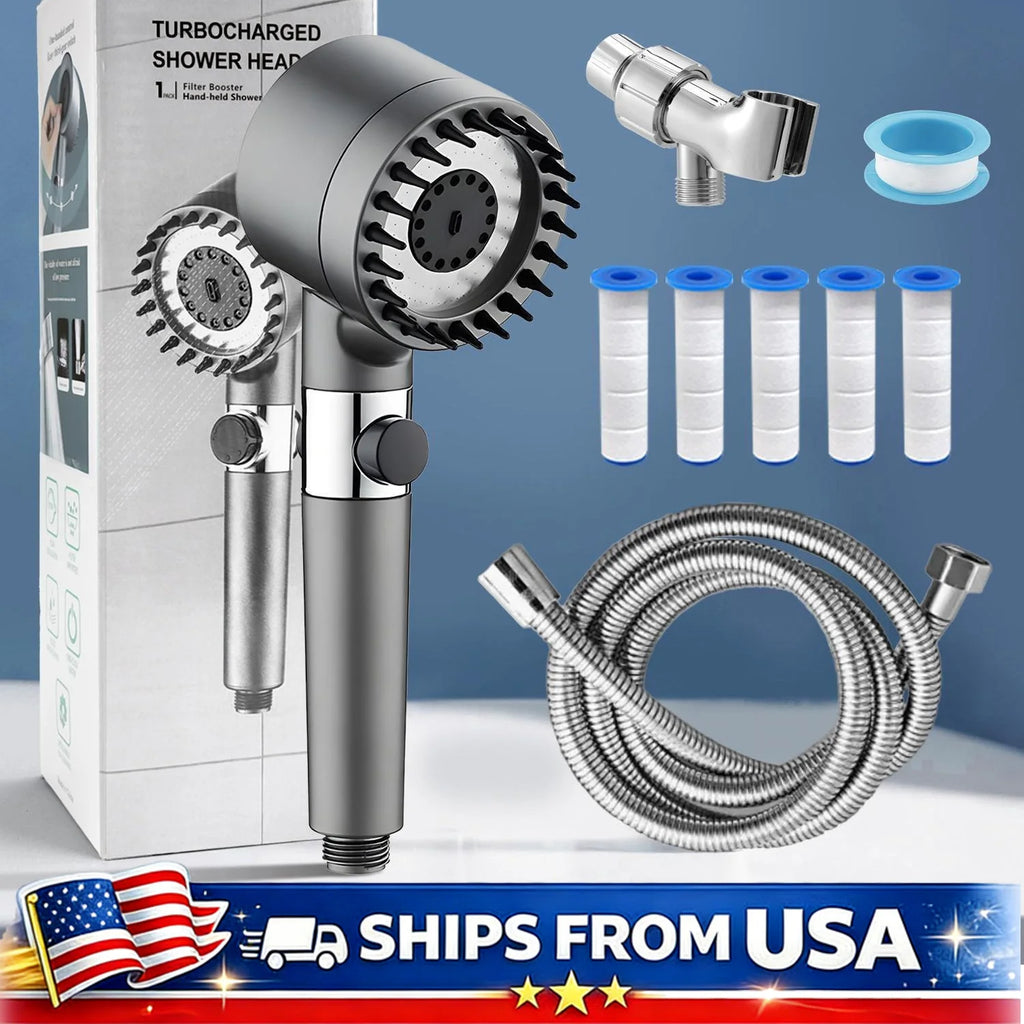 High Pressure Filtered Shower Head  Handheld 3 Spray Modes 1.5M Hose Anti Clog Nozzles