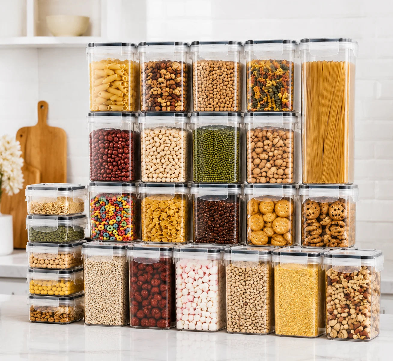 24PCS Food Storage Container Set, BPA Free Plastic Canisters with Airtight Sealed Lids, 4 Sizes Stackable  with Chalkboard Labels & Marker