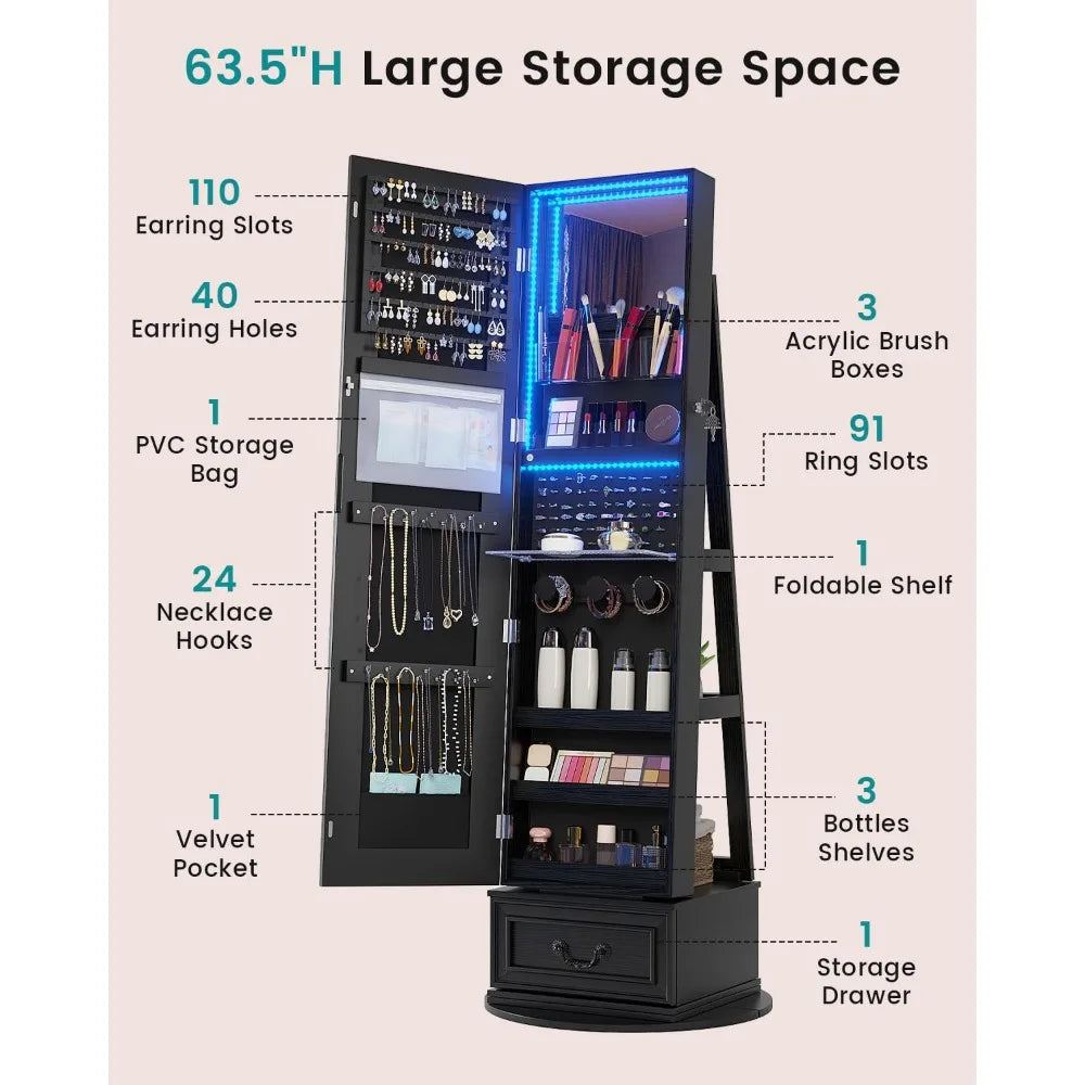 LED Full Length Standing Mirror Jewelry Cabinet with Lights, Lockable with Storage,
