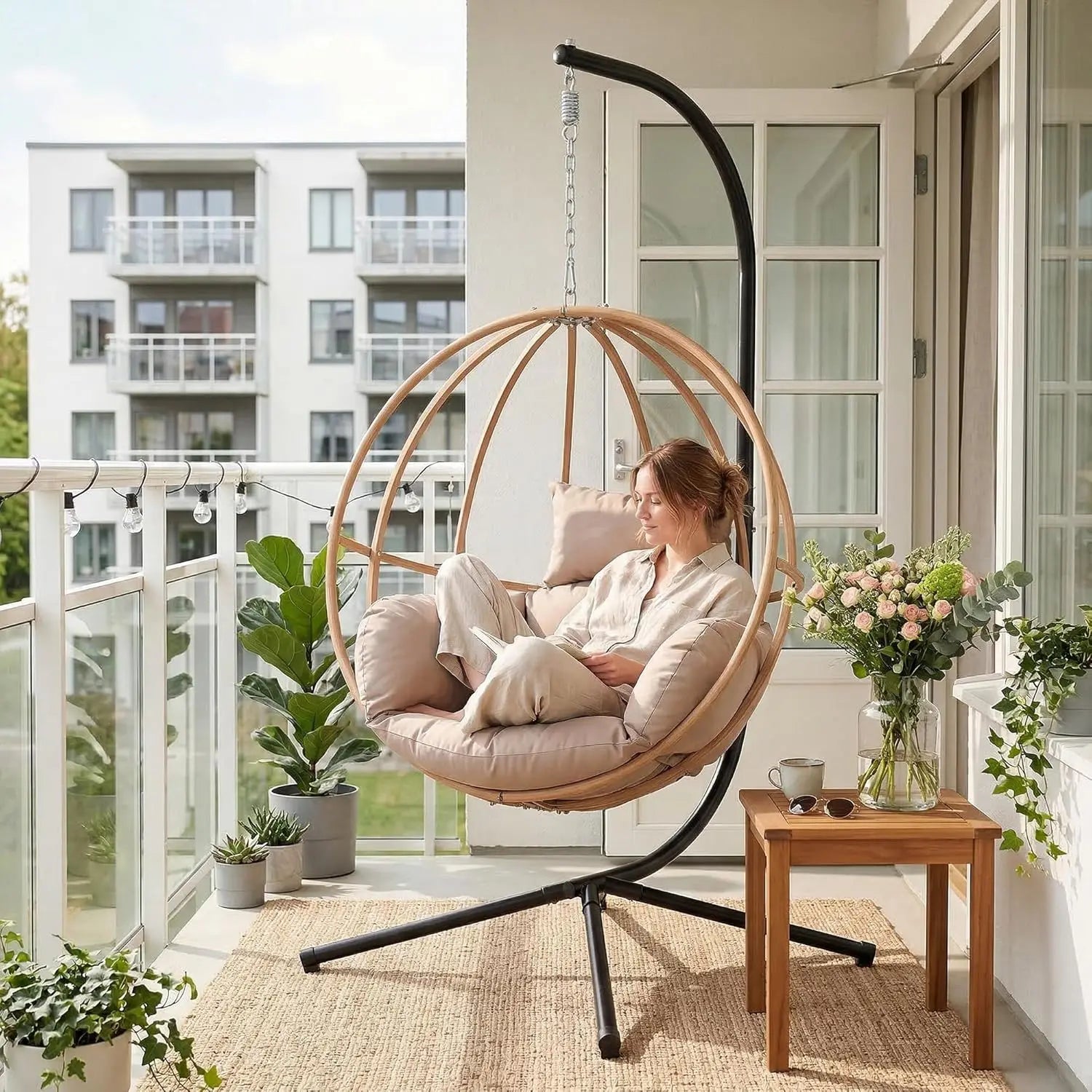 Double Egg Hanging Swing Chair with Stand Cushions Headrest 80"H Metal Basket