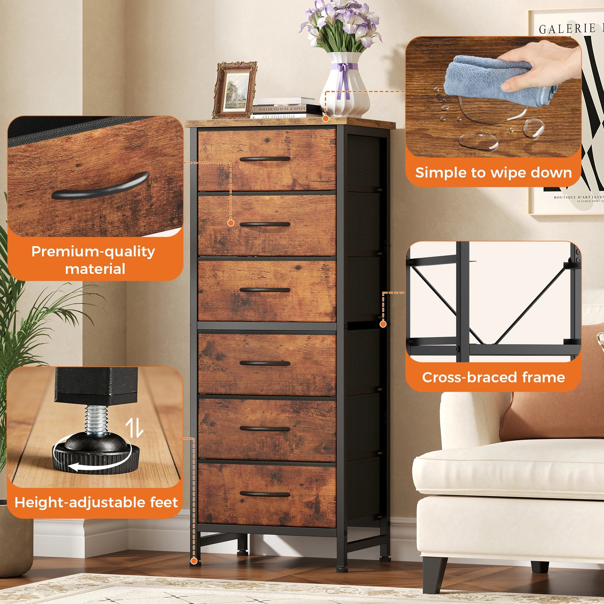 Tall 6 Fabric Drawer Dresser  for Bedroom Wood Top and Metal Frame Skinny Chest