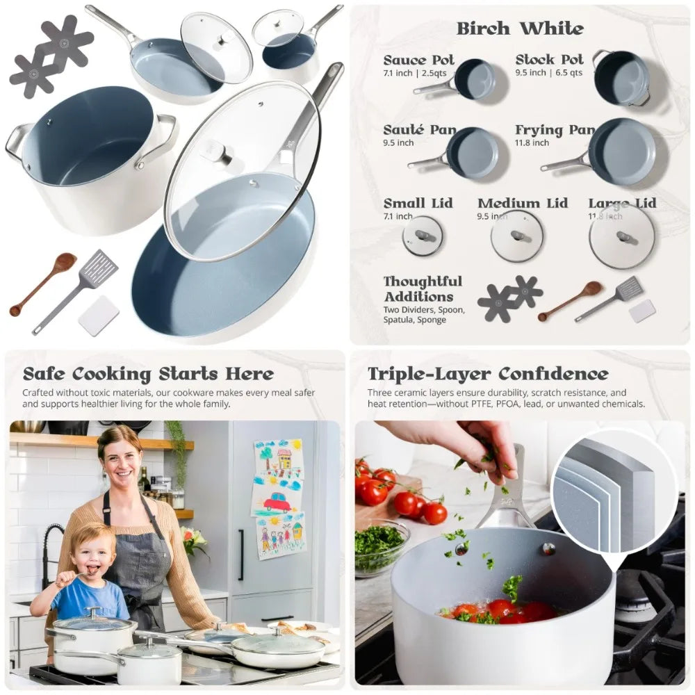 Non-Toxic Ceramic Nonstick  Cookware Set – Triple-Layer with Lids, PFAS