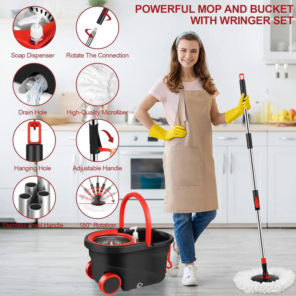 360 Spin Mop Bucket with 3 Microfiber Heads 61'  Handle  & Two Wheels