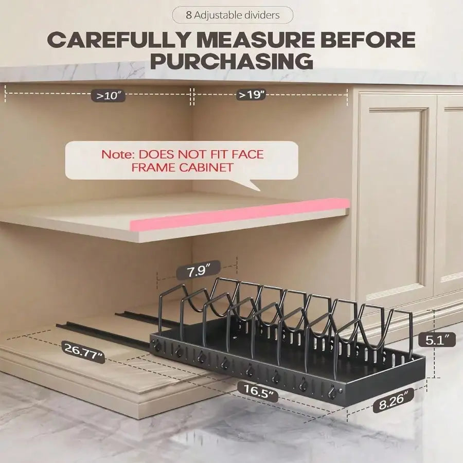 Pull-Out Pot And Pan Organizer, 10 Adjustable Dividers, , No Drill, Heavy Duty, Expandable,  16.93-23.23 Inches,