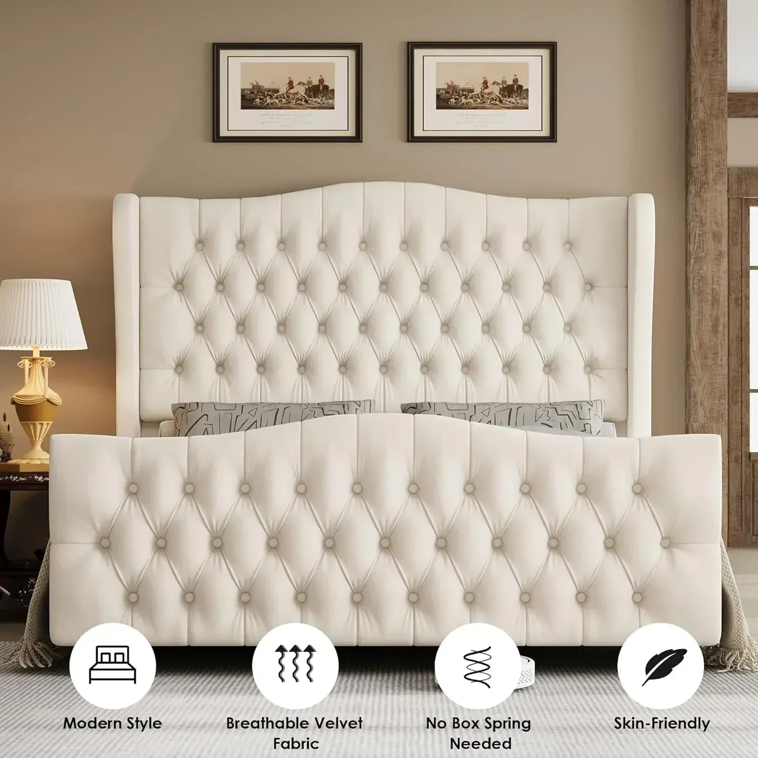 Full Size 54.3” Tall Platform Velvet Bed Upholstered Frame with Deep Button Tufted Wingback Headboard and Footboard,