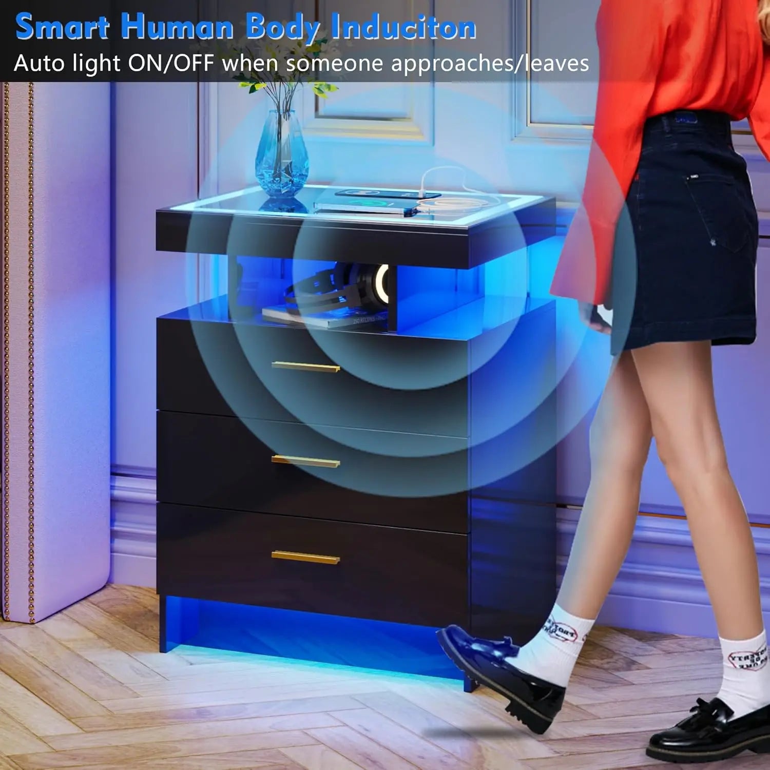 Nightstands with Wireless Charging , Auto Sensor 3 Color Dimmable LED