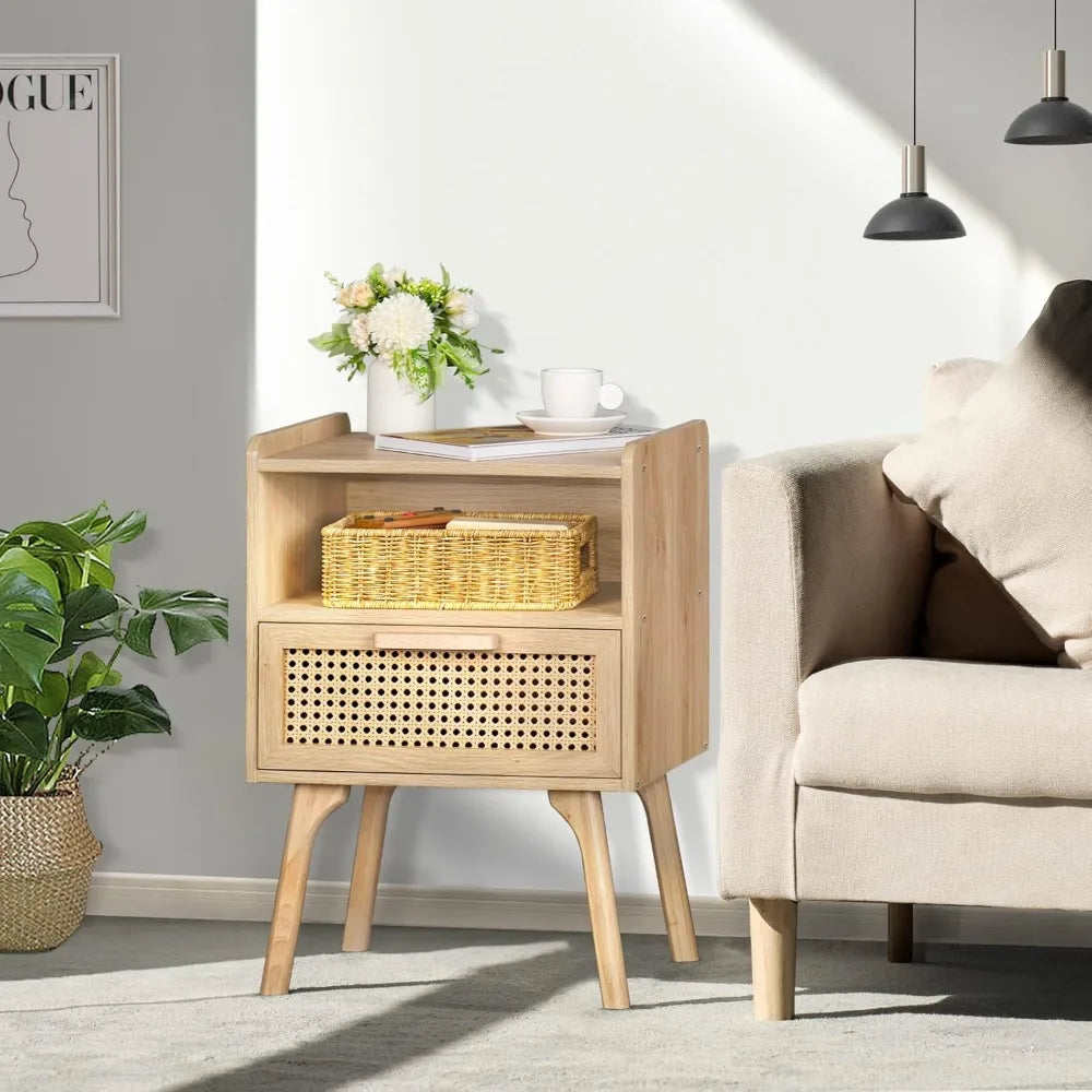 Wooden  Nightstand with Drawer and Open Shelf Solid Wood Legs Ideal  for Bedroom Dorm Small Space