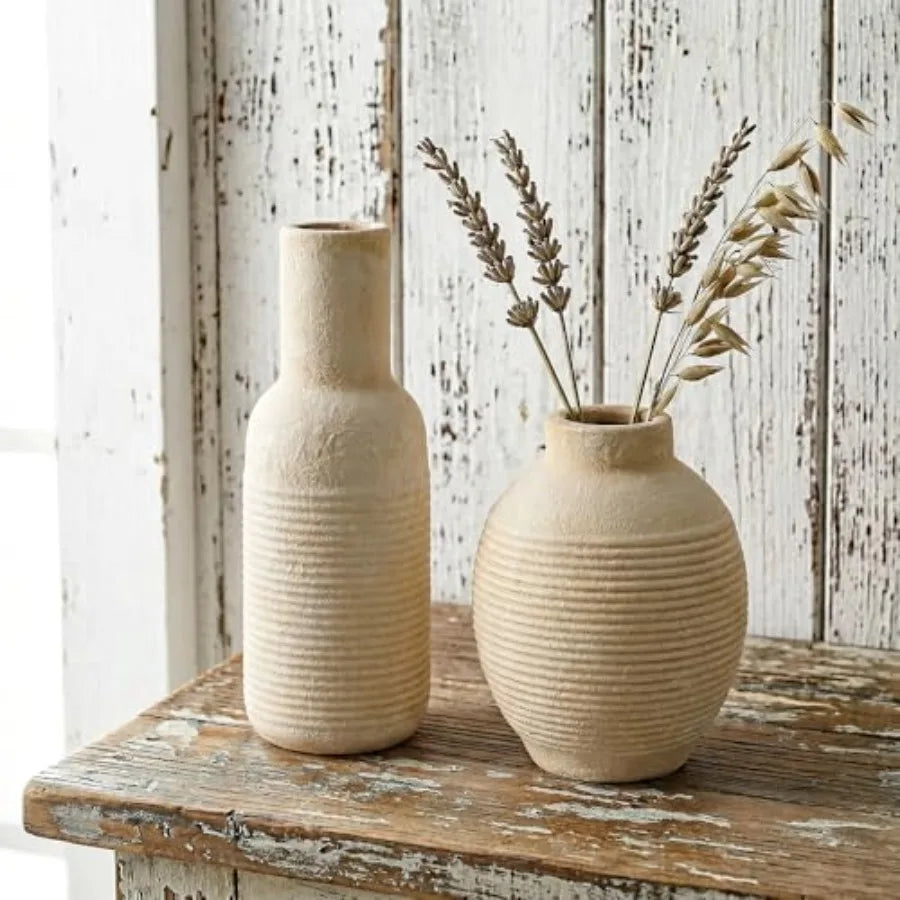 Rustic Farmhouse Ceramic Vase Set of 3 - - Pampas Grass Dried Fresh Flowers -