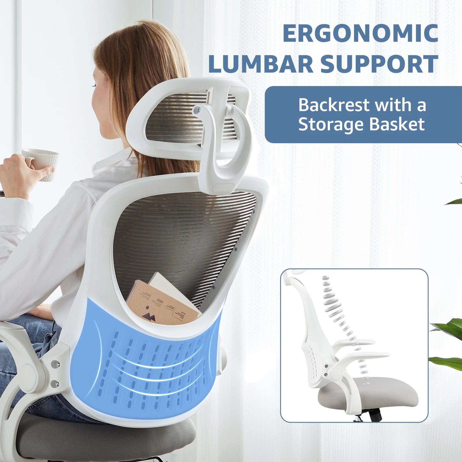 JHK Mesh Ergonomic   Desk Chair Flip-up Arms Adjustable Headrests Lumbar Support