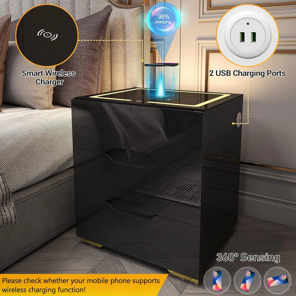 Black  LED Nightstand with Wireless Charger, USB  Ports & High-Gloss Finish
