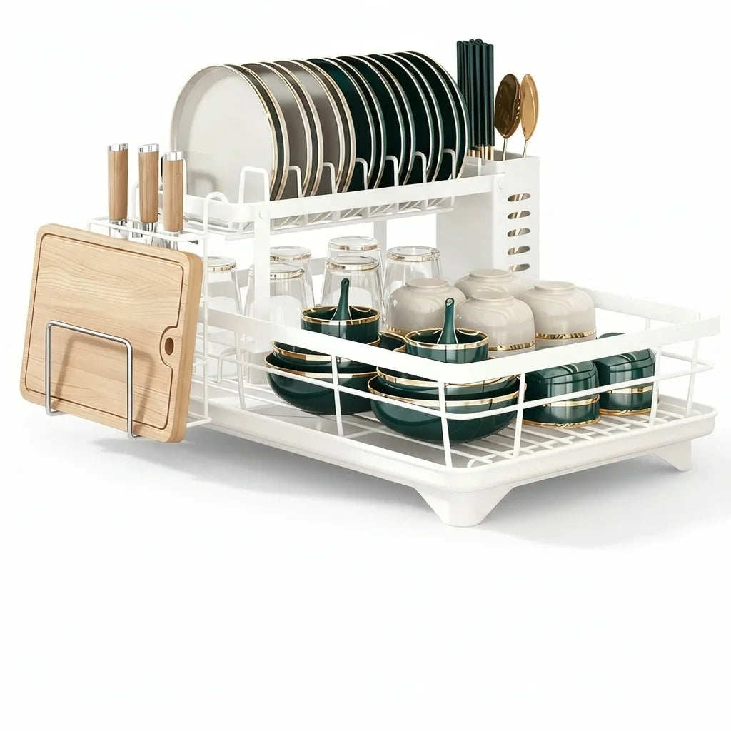 2-Tier Expandable Dish Drying Rack with Drainboard, Utensil Holder & Cutting Board Organizer