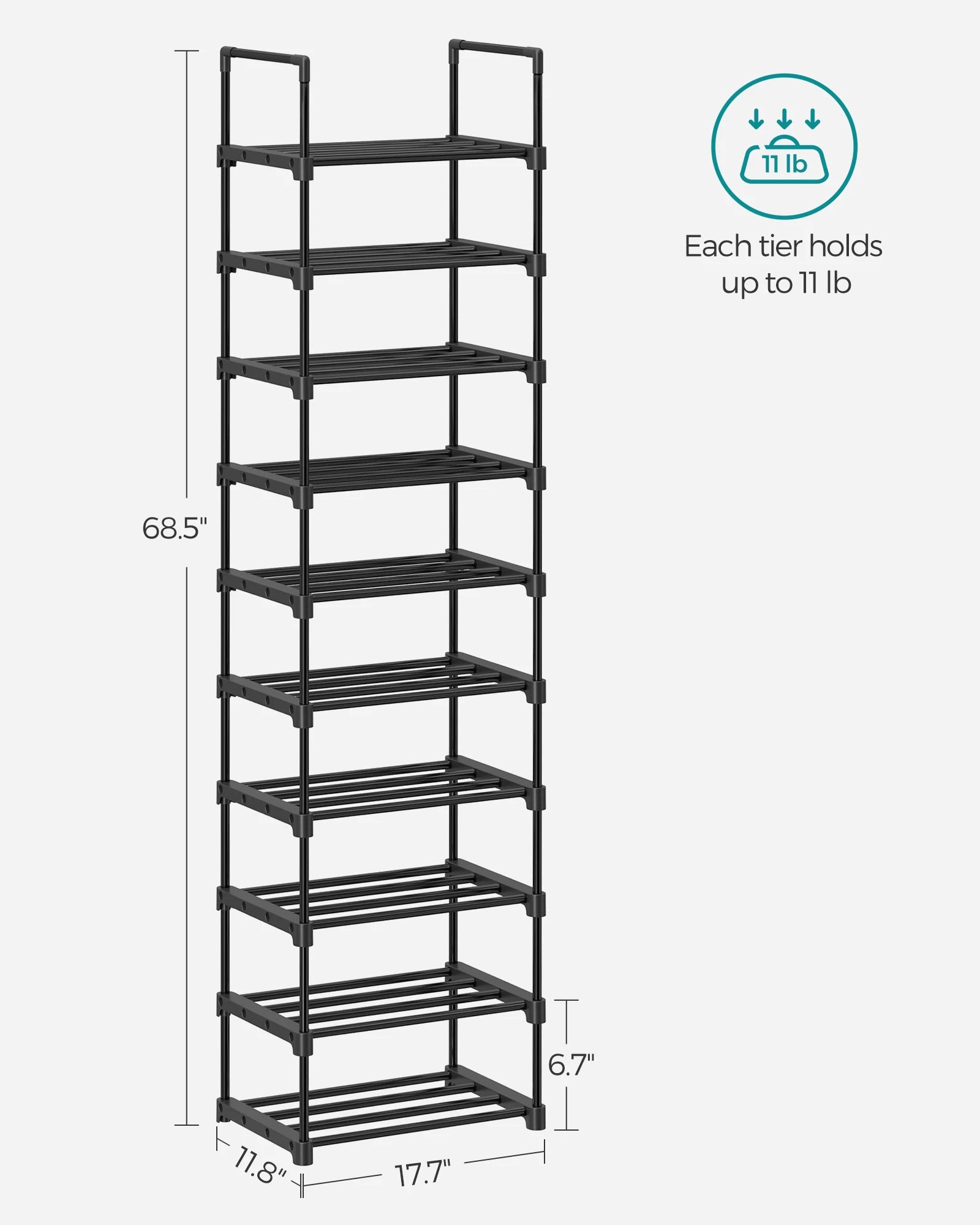 , 10 Tier Shoe Rack Metal Organizer,  for 20 Pairs of Shoes,