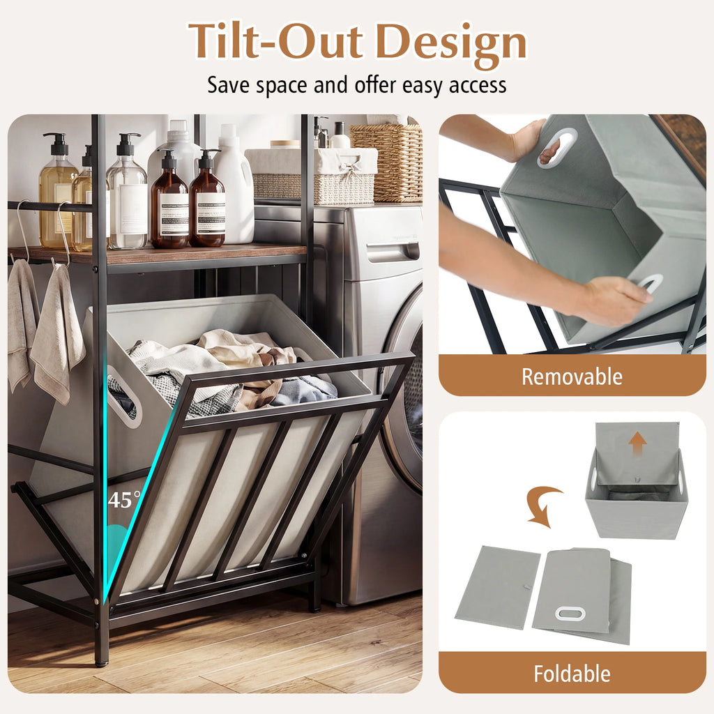 2-Tier Laundry Hamper w/ Tilt-out Basket, Laundry Sorter w/ 4 Hooks & Removable Bag