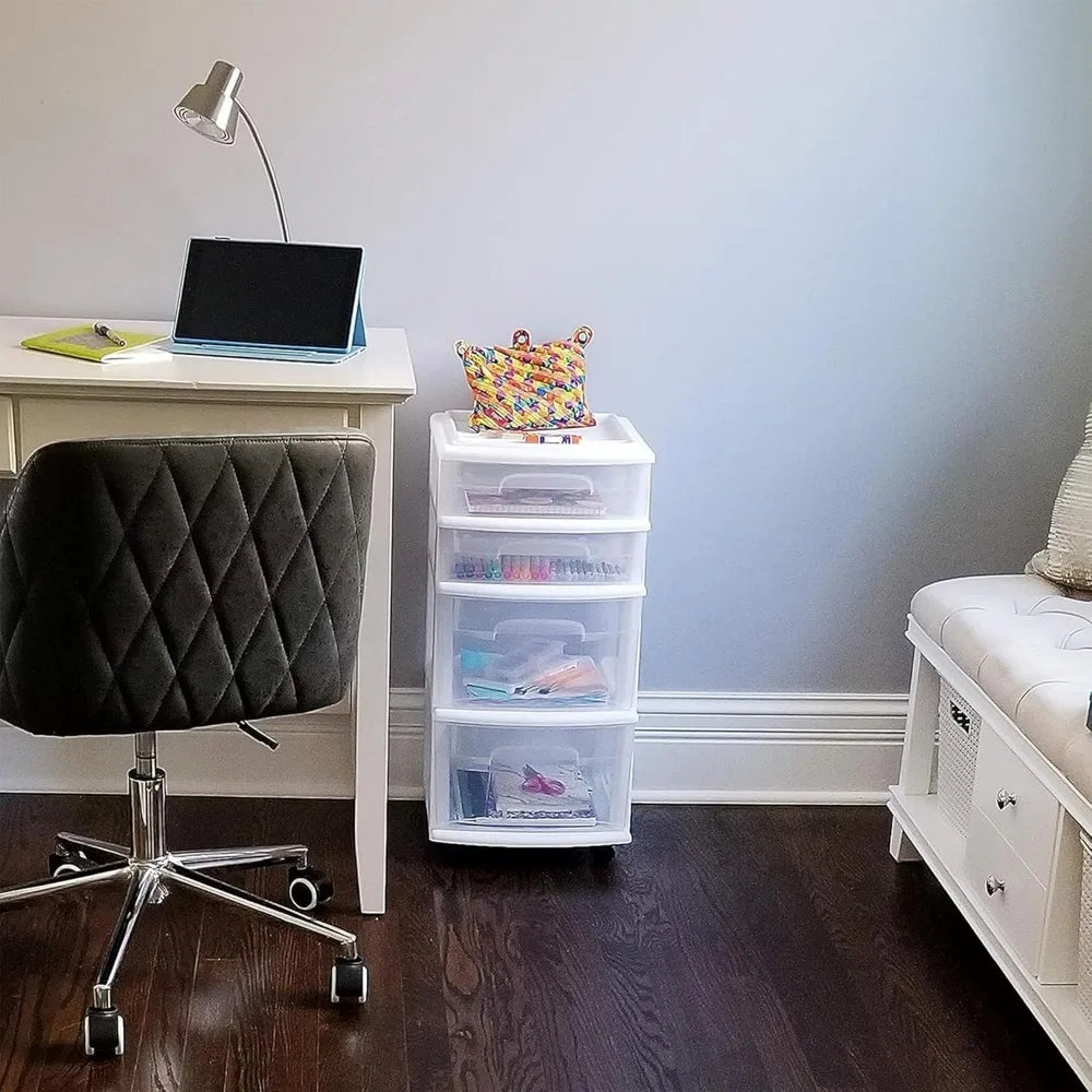 4 Tier Clear Plastic Drawer Tower on Wheels for  Storage