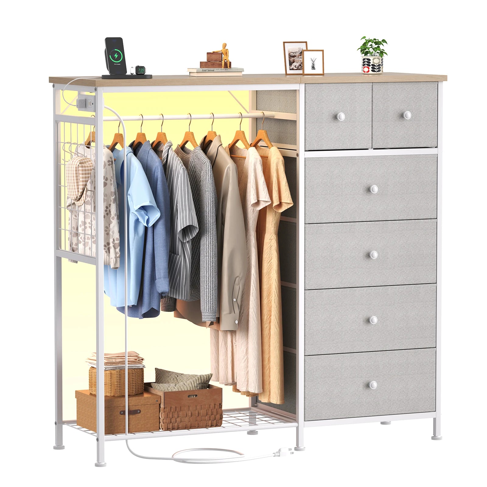 6 Drawer Fabric Dresser with Hanging Rack, Charging Station and LED Lights