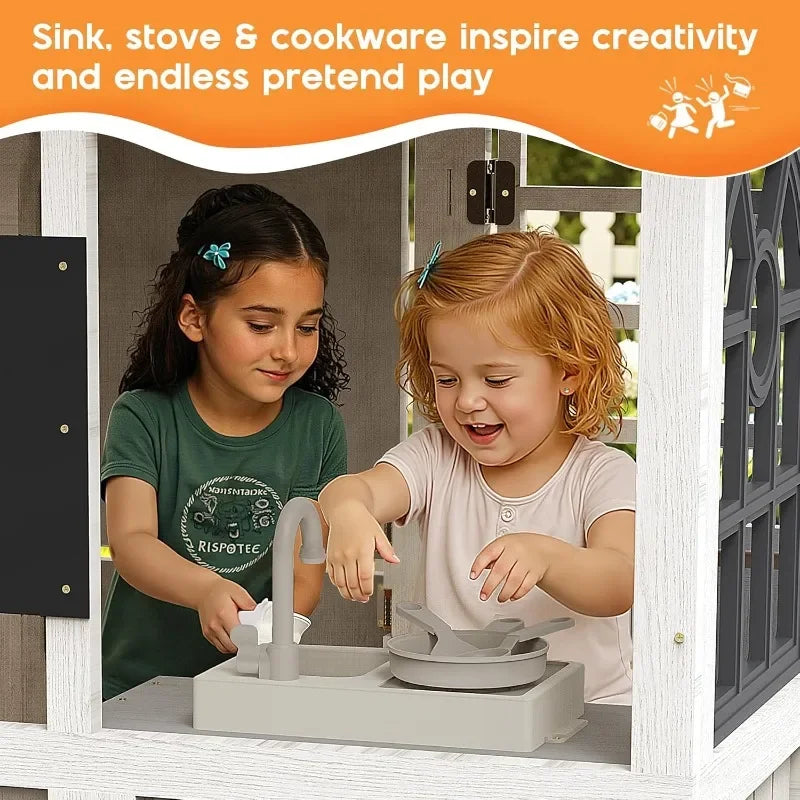 Outdoor Wooden Playhouse with Kitchen Set ,Chalkboard with Waterproof Roof & Rust-Resistant Hinges,